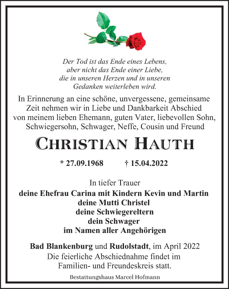  Traueranzeige für Christian Hauth vom 23.04.2022 aus Ostthüringer Zeitung