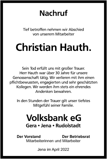 Traueranzeige von Christian Hauth von Ostthüringer Zeitung