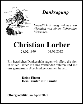 Traueranzeige von Christian Lorber von Ostthüringer Zeitung