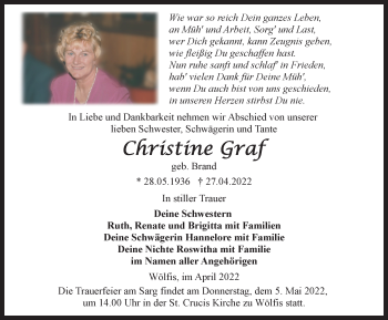 Traueranzeige von Christine Graf von Thüringer Allgemeine, Thüringische Landeszeitung