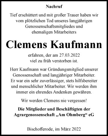 Traueranzeige von Clemens Kaufmann von Thüringer Allgemeine