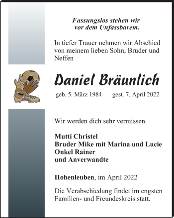 Traueranzeige von Daniel Bräunlich von Ostthüringer Zeitung