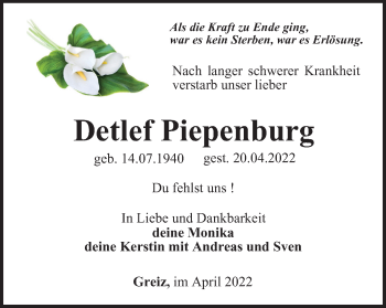 Traueranzeige von Detlef Piepenburg von Ostthüringer Zeitung