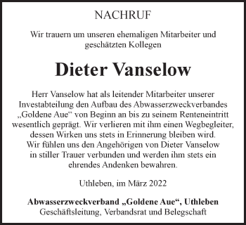 Traueranzeige von Dieter Vanselow von Thüringer Allgemeine