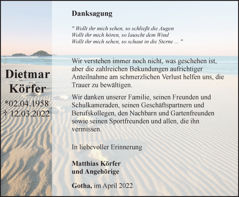  Traueranzeige für Dietmar Körfer vom 23.04.2022 aus Thüringer Allgemeine, Thüringische Landeszeitung