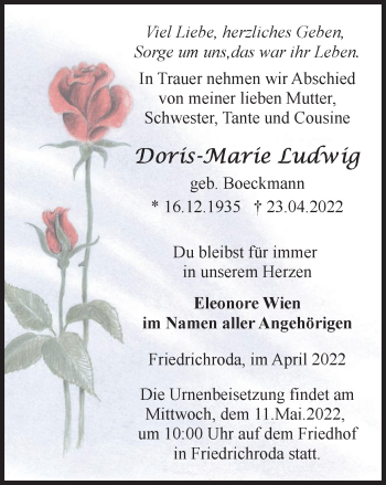 Traueranzeige von Doris-Marie Ludwig von Thüringer Allgemeine, Thüringische Landeszeitung