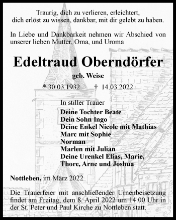 Traueranzeige von Edeltraud Oberndörfer von Thüringer Allgemeine, Thüringische Landeszeitung