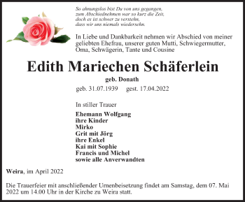 Traueranzeige von Edith Mariechen Schäferlein von Ostthüringer Zeitung