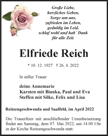 Traueranzeige von Elfriede Reich von Ostthüringer Zeitung