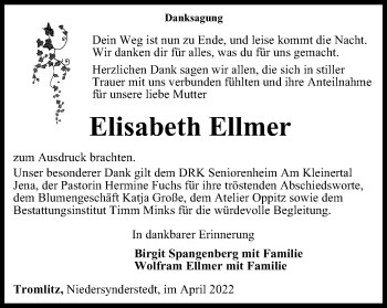 Traueranzeige von Elisabeth Ellmer von Thüringer Allgemeine, Thüringische Landeszeitung