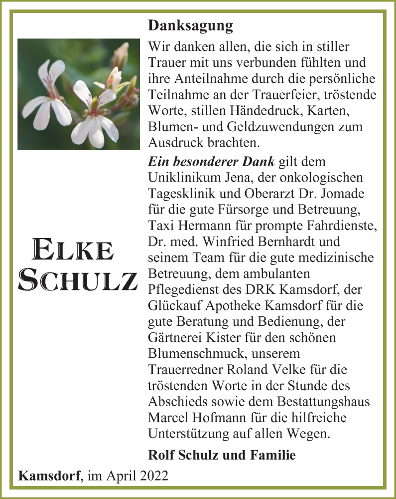  Traueranzeige für Elke Schulz vom 02.04.2022 aus Ostthüringer Zeitung