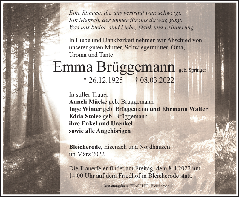  Traueranzeige für Emma Brüggemann vom 02.04.2022 aus Thüringer Allgemeine