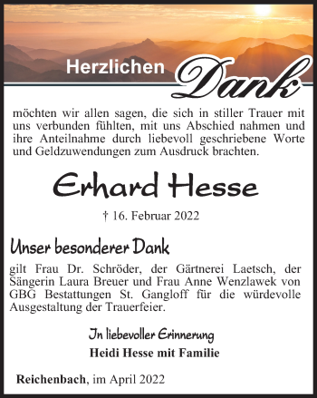 Traueranzeige von Erhard Hesse von Ostthüringer Zeitung