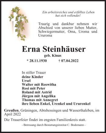 Traueranzeige von Erna Steinhäuser