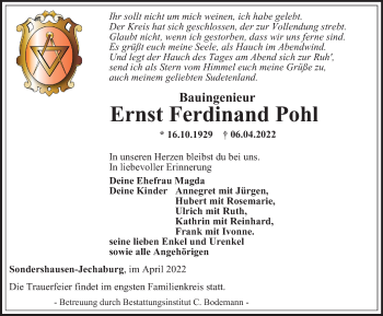 Traueranzeige von Ernst Ferdinand Pohl