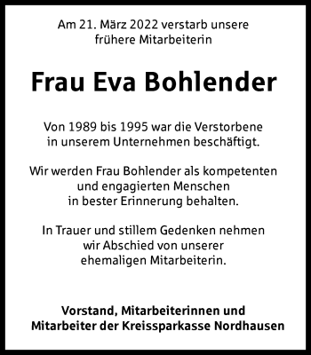 Traueranzeige von Eva Bohlender von Thüringer Allgemeine