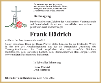 Traueranzeige von Frank Hädrich von Ostthüringer Zeitung