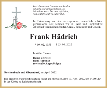 Traueranzeige von Frank Hädrich von Ostthüringer Zeitung