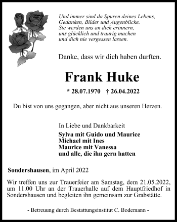 Traueranzeige von Frank Huke