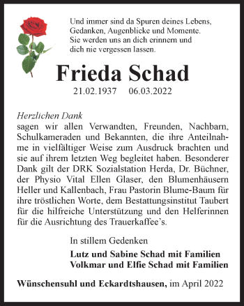 Traueranzeige von Frieda Schad von Thüringer Allgemeine, Thüringische Landeszeitung