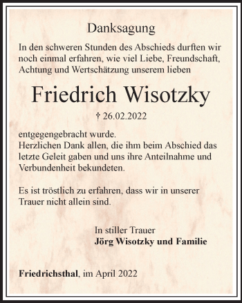Traueranzeige von Friedrich Wisotzky von Thüringer Allgemeine