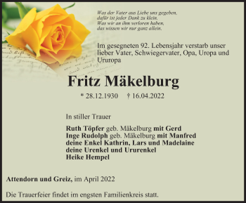 Traueranzeige von Fritz Mäkelburg von Ostthüringer Zeitung, Thüringische Landeszeitung