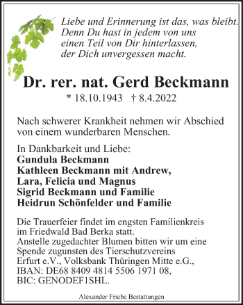Traueranzeige von Gerd Beckmann von Thüringer Allgemeine, Thüringische Landeszeitung