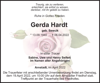 Traueranzeige von Gerda Hardt von Thüringer Allgemeine