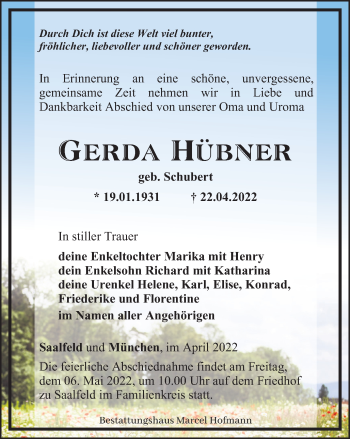 Traueranzeige von Gerda Hübner von Ostthüringer Zeitung