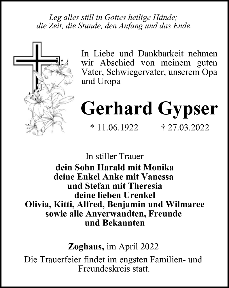  Traueranzeige für Gerhard Gypser vom 01.04.2022 aus Ostthüringer Zeitung