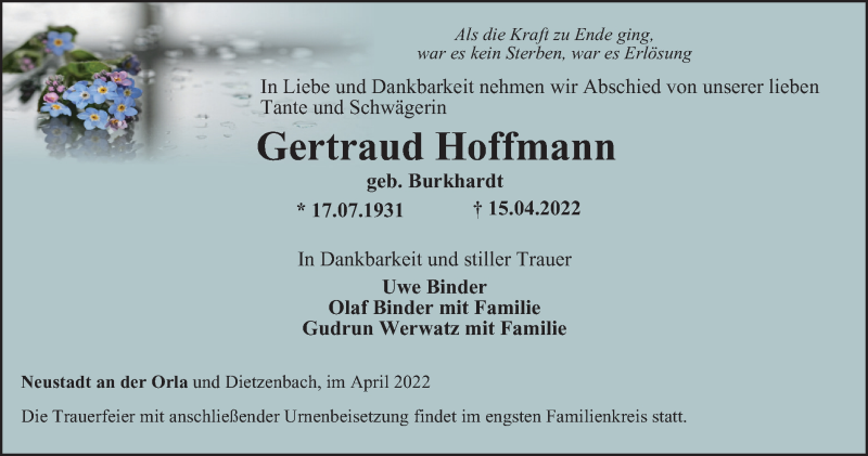  Traueranzeige für Gertraud Hoffmann vom 23.04.2022 aus Ostthüringer Zeitung