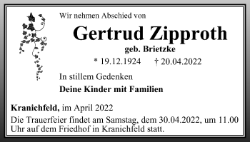 Traueranzeige von Gertrud Zipproth von Thüringer Allgemeine, Thüringische Landeszeitung