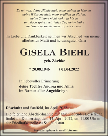 Traueranzeige von Gisela Biehl von Ostthüringer Zeitung