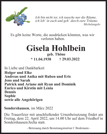 Traueranzeige von Gisela Hohlbein