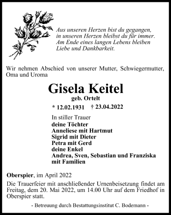 Traueranzeige von Gisela Keitel