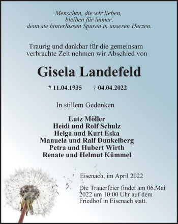 Traueranzeige von Gisela Landefeld von Thüringer Allgemeine, Thüringische Landeszeitung