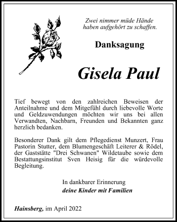 Traueranzeige von Gisela Paul von Ostthüringer Zeitung