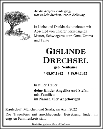 Traueranzeige von Gislinde Drechsel von Ostthüringer Zeitung