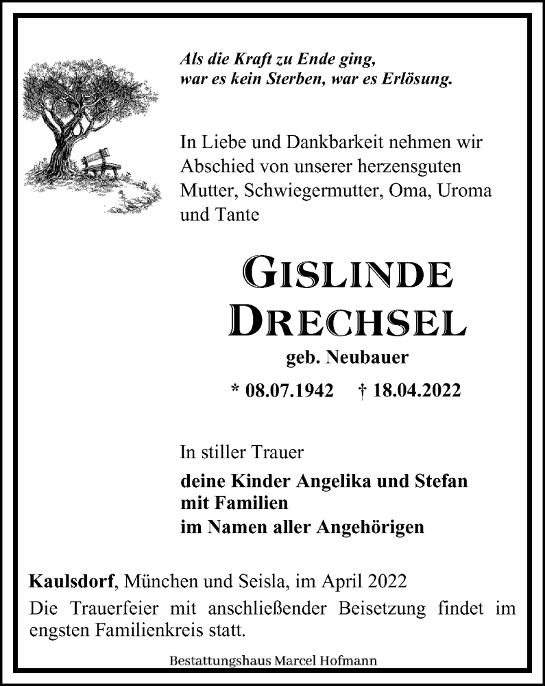  Traueranzeige für Gislinde Drechsel vom 23.04.2022 aus Ostthüringer Zeitung