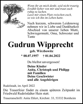 Traueranzeige von Gudrun Wipprecht von Ostthüringer Zeitung, Thüringische Landeszeitung