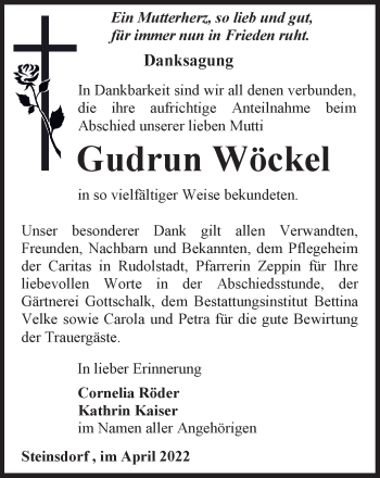 Traueranzeige von Gudrun Wöckel von Ostthüringer Zeitung