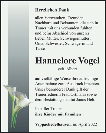 Traueranzeige von Hannelore Vogel von Thüringer Allgemeine, Thüringische Landeszeitung
