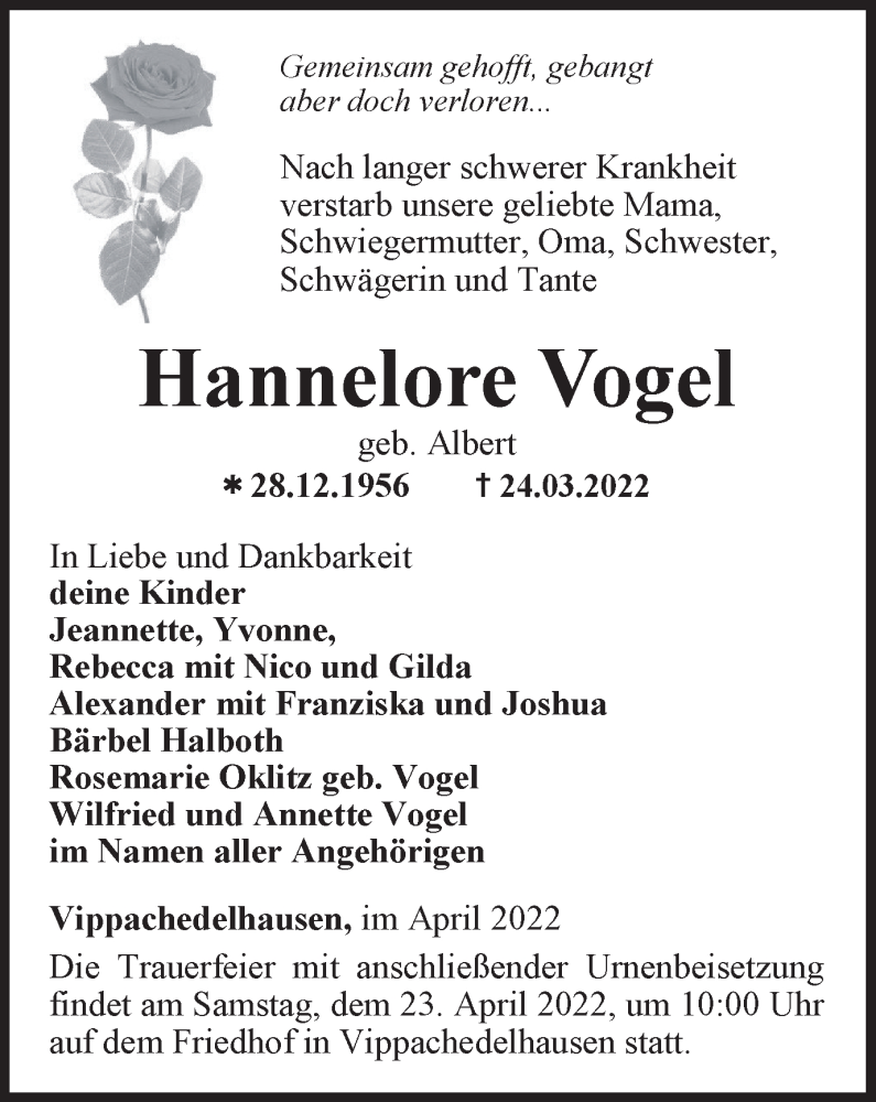  Traueranzeige für Hannelore Vogel vom 09.04.2022 aus Thüringer Allgemeine, Thüringische Landeszeitung