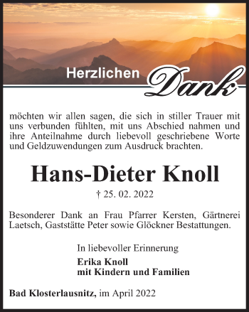 Traueranzeige von Hans-Dieter Knoll von Ostthüringer Zeitung