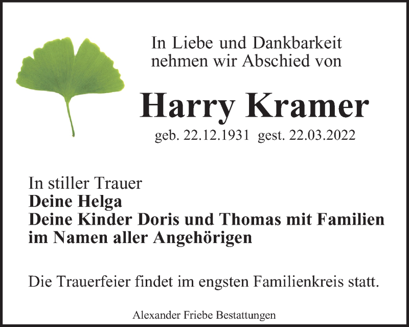  Traueranzeige für Harry Kramer vom 09.04.2022 aus Thüringer Allgemeine, Thüringische Landeszeitung