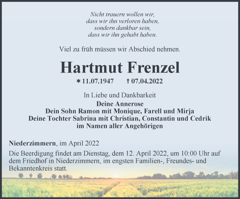  Traueranzeige für Hartmut Frenzel vom 09.04.2022 aus Thüringer Allgemeine, Thüringische Landeszeitung