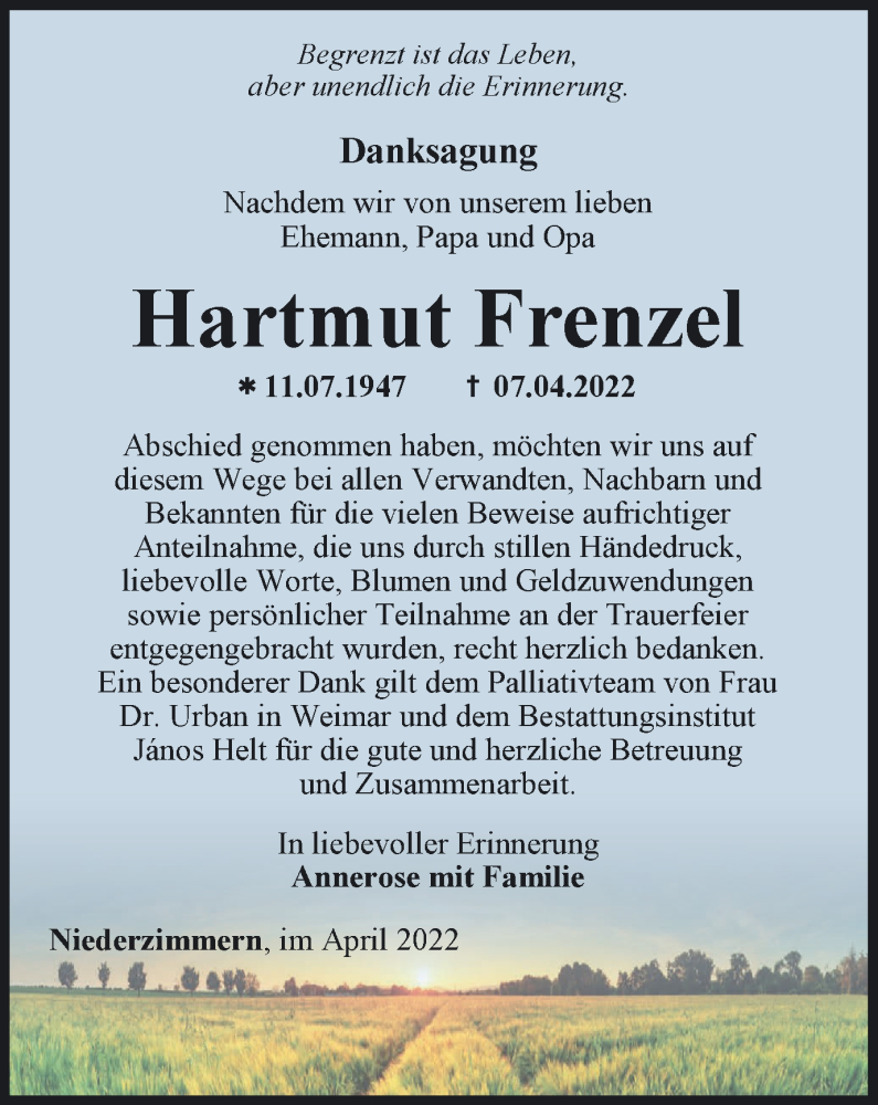  Traueranzeige für Hartmut Frenzel vom 23.04.2022 aus Thüringer Allgemeine, Thüringische Landeszeitung