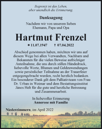 Traueranzeige von Hartmut Frenzel von Thüringer Allgemeine, Thüringische Landeszeitung