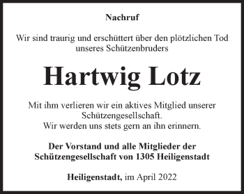 Traueranzeige von Hartwig Lotz von Thüringer Allgemeine