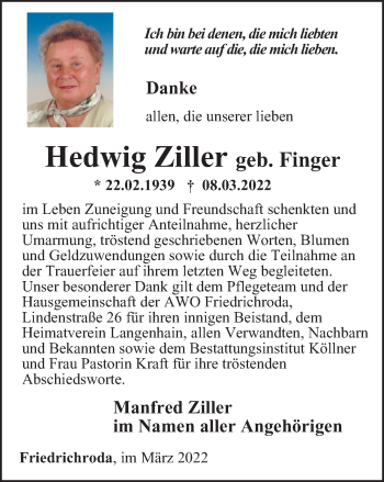Traueranzeige von Hedwig Ziller von Thüringer Allgemeine, Thüringische Landeszeitung